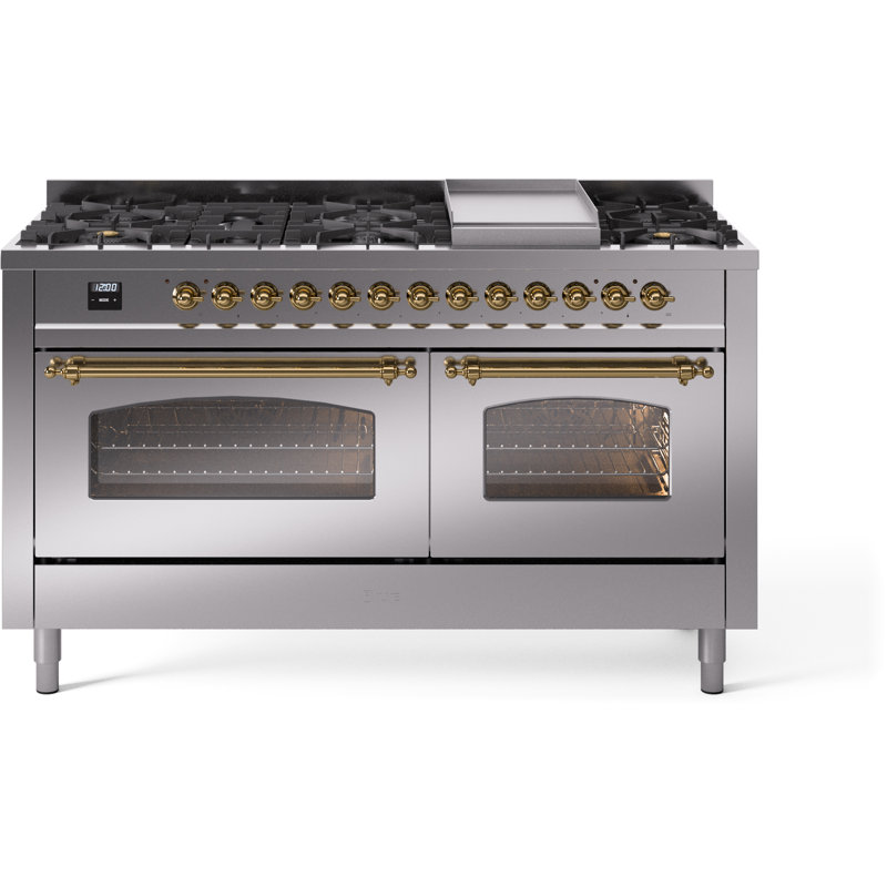 Cuisinière à double combustible de 60 po avec 9 brûleurs scellés et plaque chauffante (porte vitrée) ILVE Nostalgie II Series