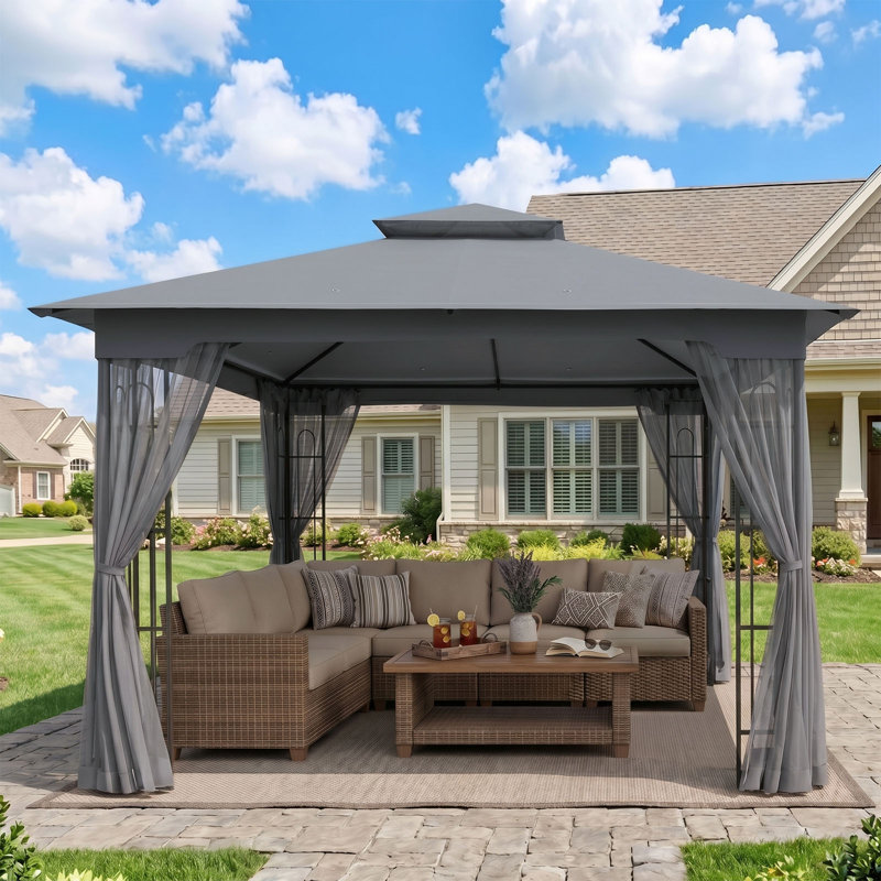 13 Ft. W x 11 Ft. D Steel Patio Gazebo with Netting, Gray