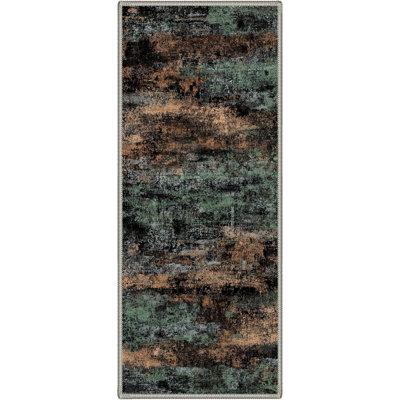 Tapis de couloir 2 x 6 pour la cuisine de couloir, tapis de couloir lavable à la machine pour le vestibule, tapis décoratifs modernes et doux, revêtement de sol à poils courts avec envers antidérapant, noir / vert terreux