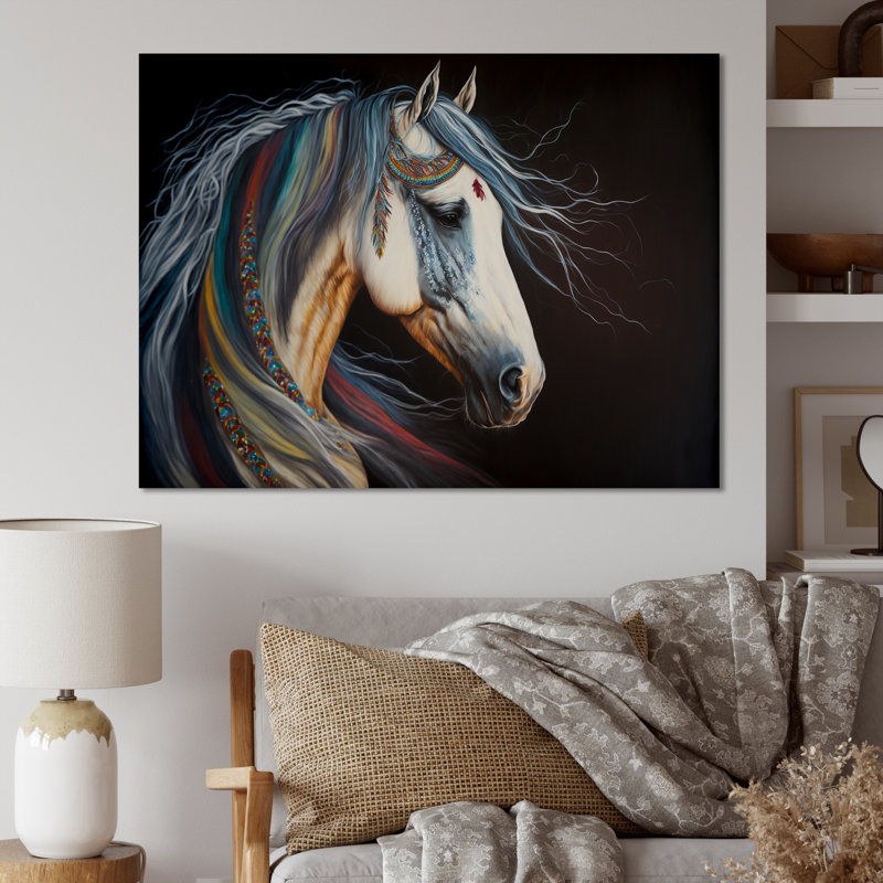 Cheval indien avec crinière colorée IV - décoration murale moderne en métal, H 24 po x l 32 po