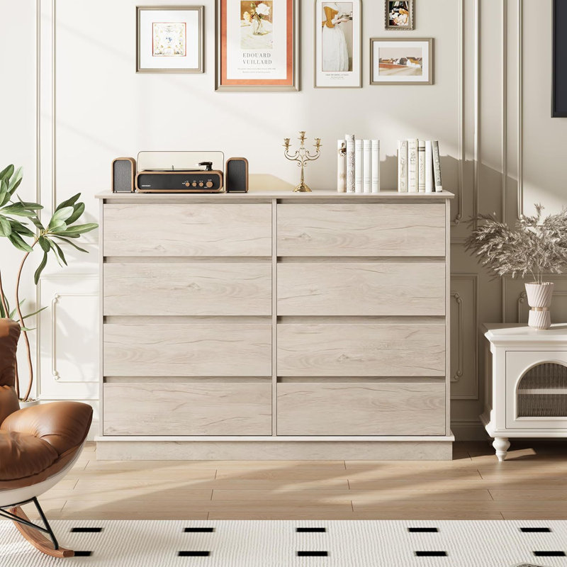 Commode horizontale moderne à 8 tiroirs avec tiroirs profonds et plateau large, commode en bois pour la chambre à coucher ou le salon
