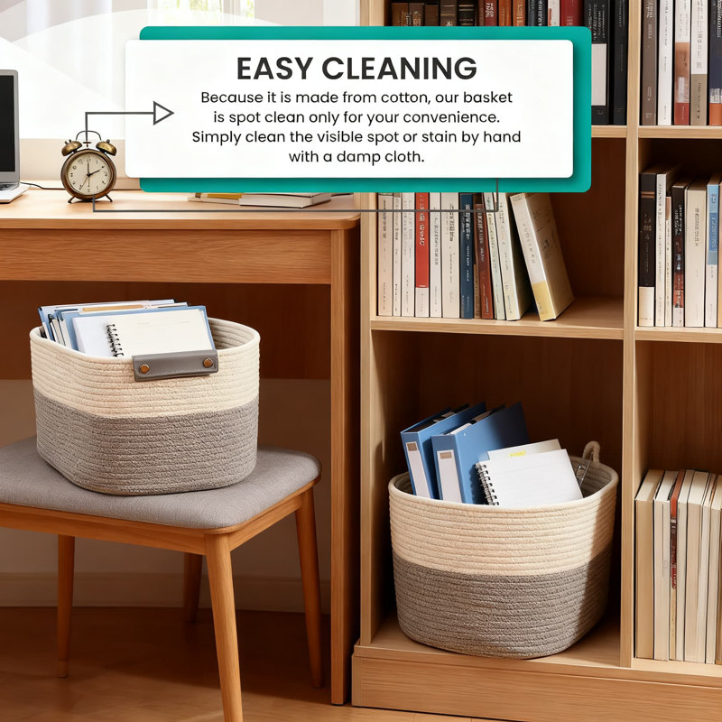 3-Pack Cotton Rope Storage Baskets With Faux Leather Handles, Woven Organizer Bins For Home Closet Shelf Organization, No Assembly Required