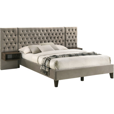 Brown Bed Featuring Channel - Headboard, Wall Mounted Nightstands And Slatted Support System For Bedroom Practicality Upholstered King With Nightstands, Transitional Design