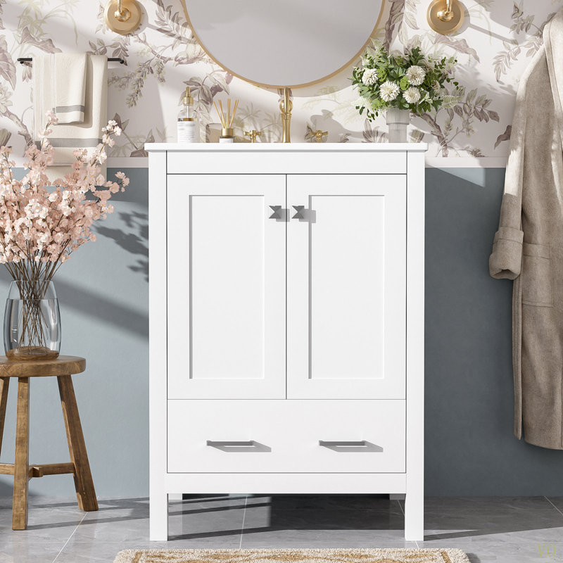 Meuble-lavabo de 24 pouces avec lavabo encastré intégré et armoire de rangement avec 2 portes et 1 tiroir. Comprend une tablette de porte à double couche, une conception à fermeture douce et des solutions de rangement polyvalentes