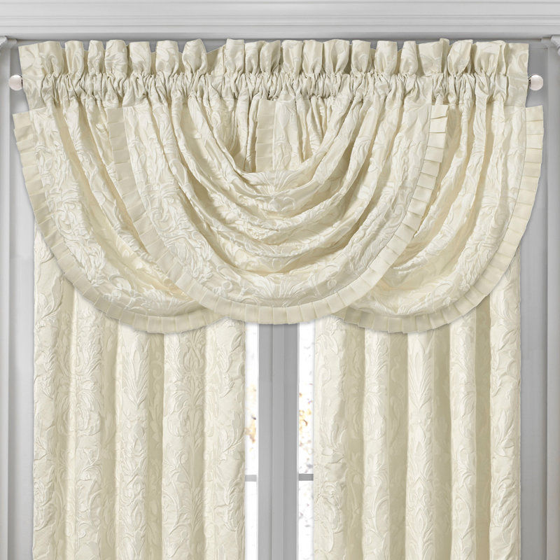Ivory Damask Waterfall Valance with Pleated Trim