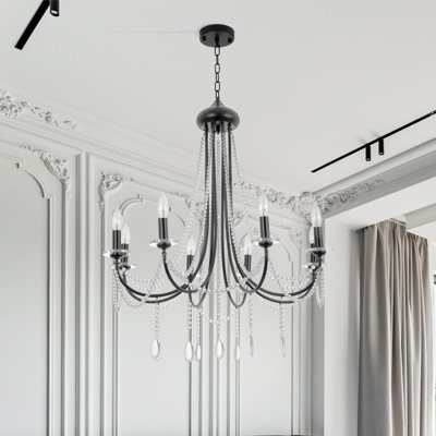 Lustre 33 pouces en fer et cristal noir, 8 lumières avec chaîne réglable