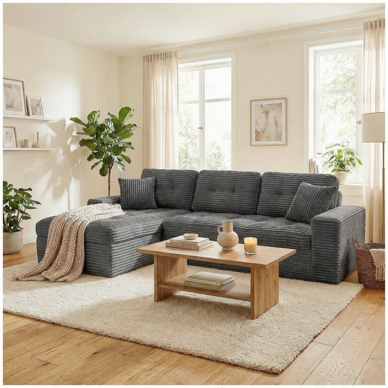 Ensemble de canapé modulaire Cloud, canapé modulaire de 105 po avec repose-pieds, mousse pure, velours en fausse fourrure de lapin, canapé de salon confortable bleu gris