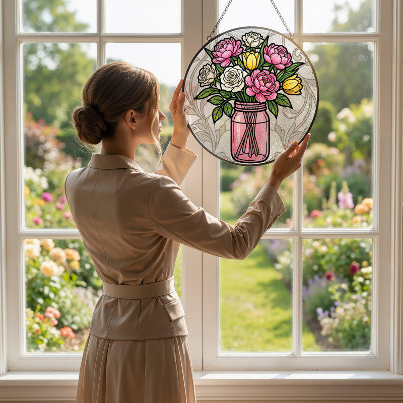 Panneau de vitrail d'arrangement floral 12 po H, H 12 po x l 12 po