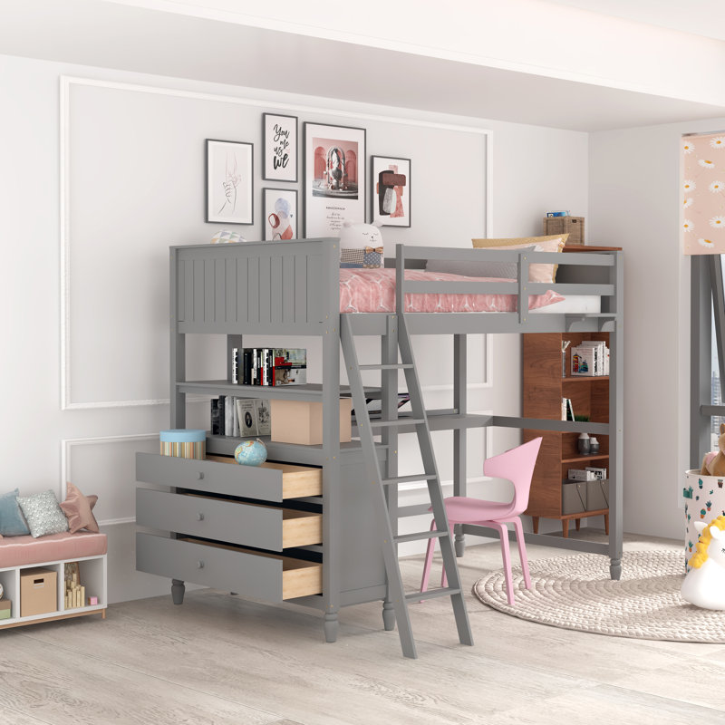 Flournory Kids Twin Loft Bed with Drawers, Gray