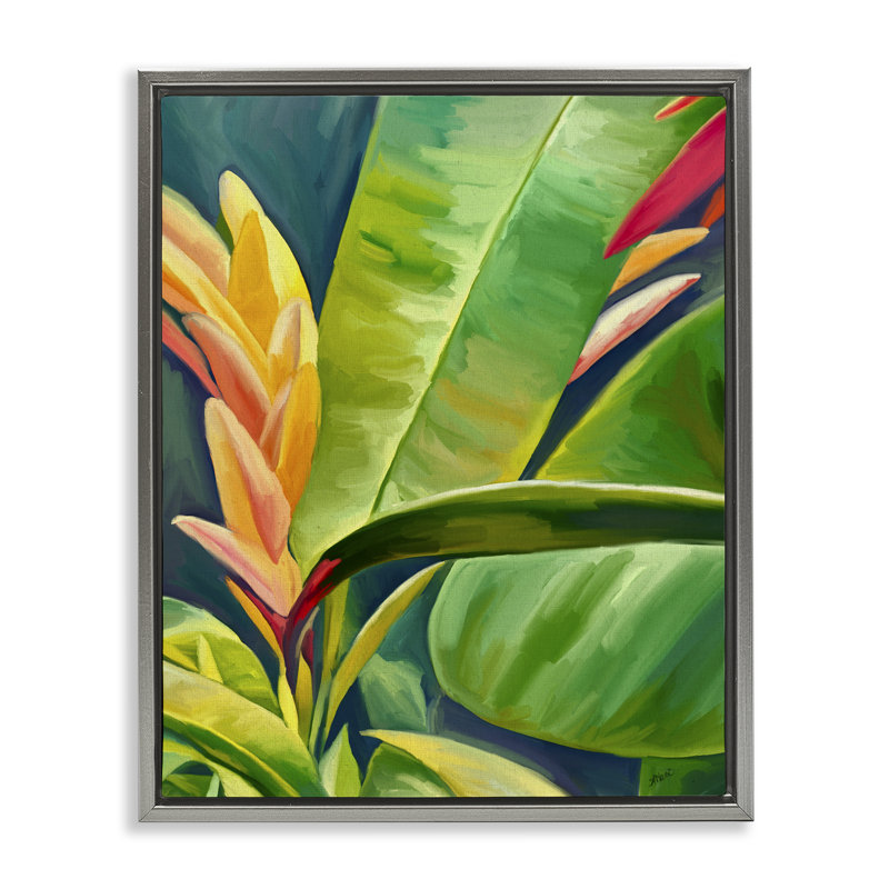 «Bright Tropics Greenery» par Amy Hall, Cadre flottant gris lustré, H 21 po x l 17 po