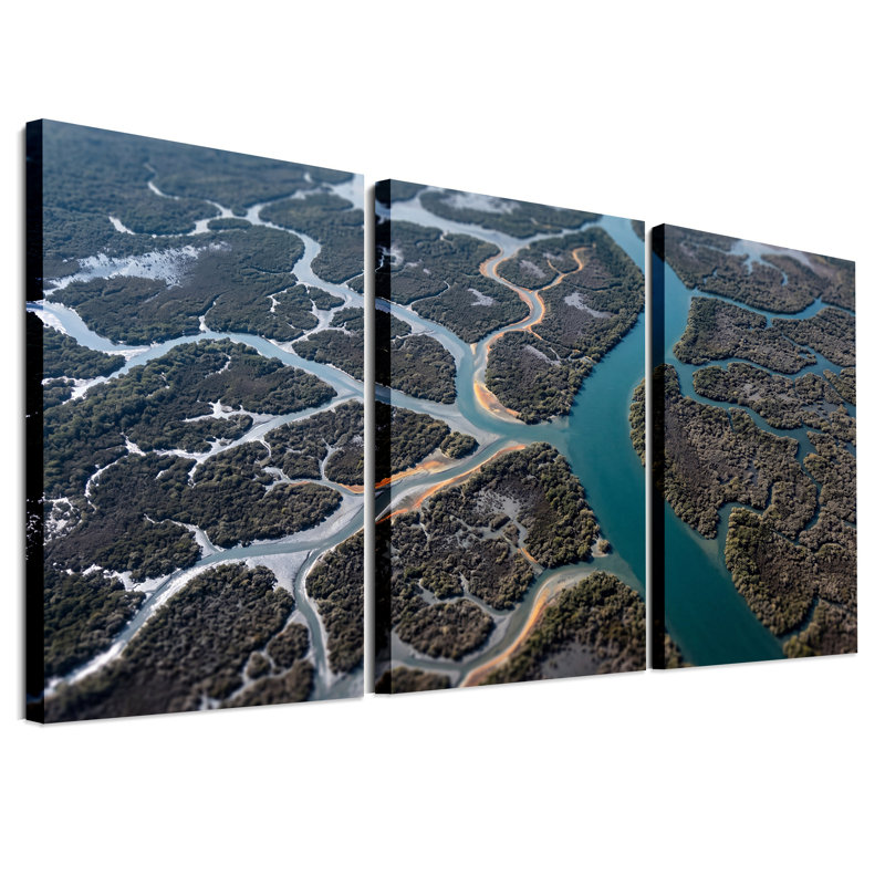 «Teal Winding River Through Dense Green Mangrove», ensemble de 3 toiles murales, H 36 po x l 24 po x 3 pièces