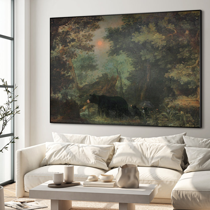 Très grand art mural imprimé sur toile - Scène de forêt avec un ours noir, faune sauvage pour un chalet ou une auberge, décoration pour le salon ou la chambre à coucher