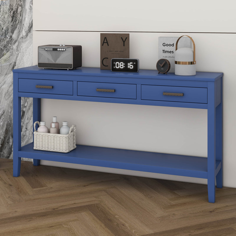 Console de 62,2 po avec 3 tiroirs, table d'entrée peinte avec tablette inférieure ouverte, canapé minimaliste, Marine
