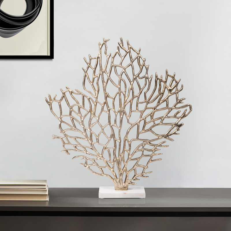 Sculpture décorative en métal représentant une branche de corail sur un socle en marbre - Figurine/statue d'inspiration côtière pour la décoration du salon - 53 cm