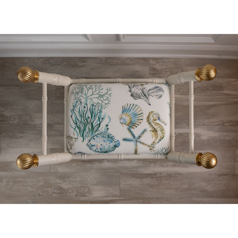 Boca Upholstered Entryway Bench, White/Gold/Blue