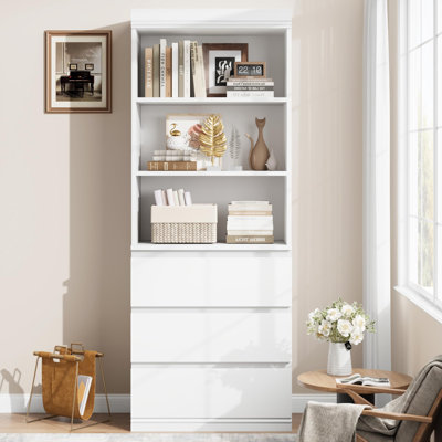 70" Tall Bookcase with 3 Drawers, Modern Wooden Bookshelf with 3 Open Shelves, Storage Cabinet for Home Office