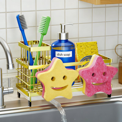 Self-Draining Sink Caddy Sponge Holder With Smiley Face Brush Holder Gold