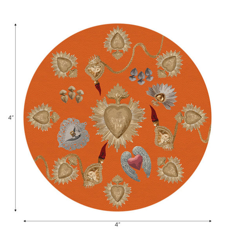 Sous-verres ronds en cuir végétalien ex-voto Sacred Hearts, Orange