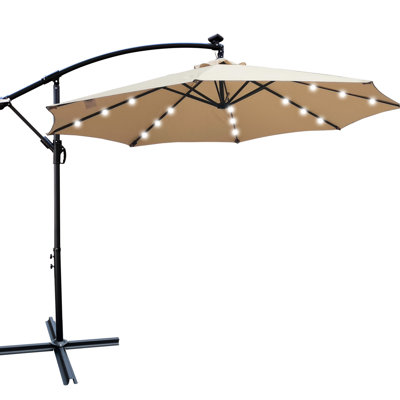 Parasol d'extérieur brun clair 10 pi - DEL à énergie solaire, antichoc, 8 nervures, manivelle pour terrasse, cour arrière, lumières de patio