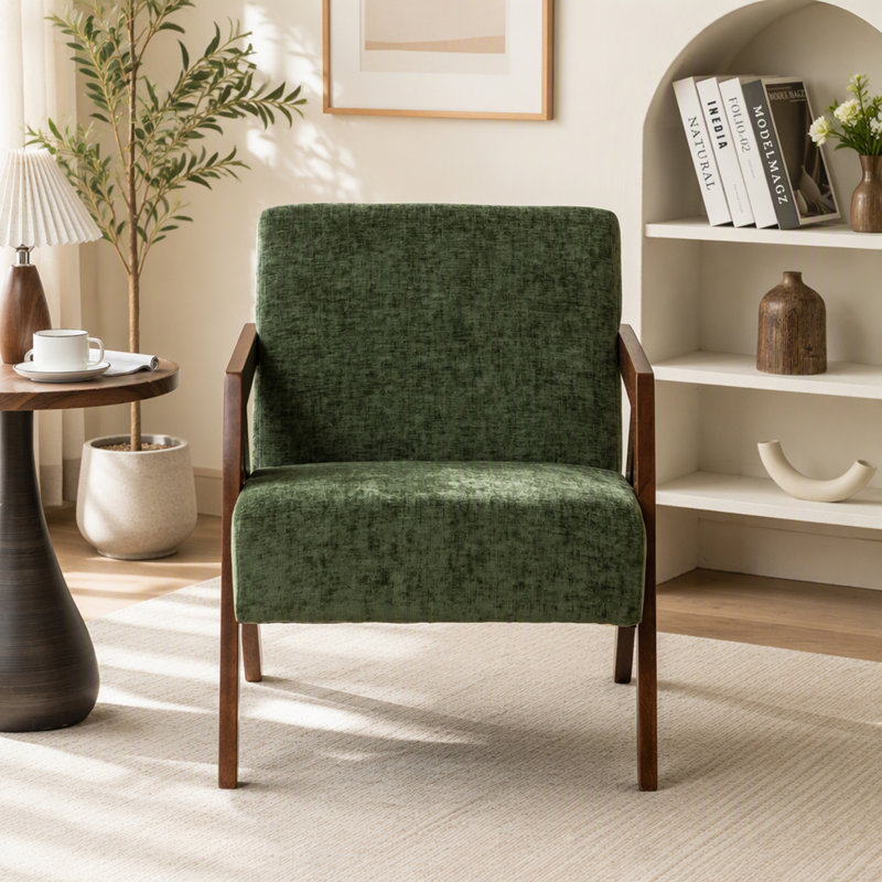 Chaise d'appoint Mid-Century moderne avec structure en bois et revêtement en lin doux, Green Chenille