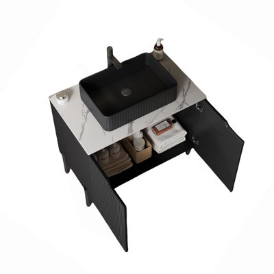 30" Freestanding Carrara Sintered Stone Countertop And Black Plywood Cabinet With Two Doors, NO Basin, NO Faucet And Sink Cover