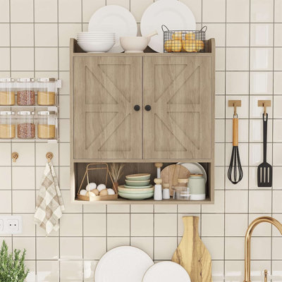 22" W X 26" H Farmhouse Bathroom Wall Cabinet, Double Barn Doors Medicine Cabinet With Adjustable Shelves, Over The Toilet Storage For Bathroom Kitchen Living Room, Oak Grey