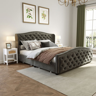 Kinsly 3 Piece Bedroom Set With Velvet Upholstered Metal Nail Trim Platform Bed With Tufted Headboard & 4 Drawers And Two 15.2" Wide Modern 1-Drawer Nightstands