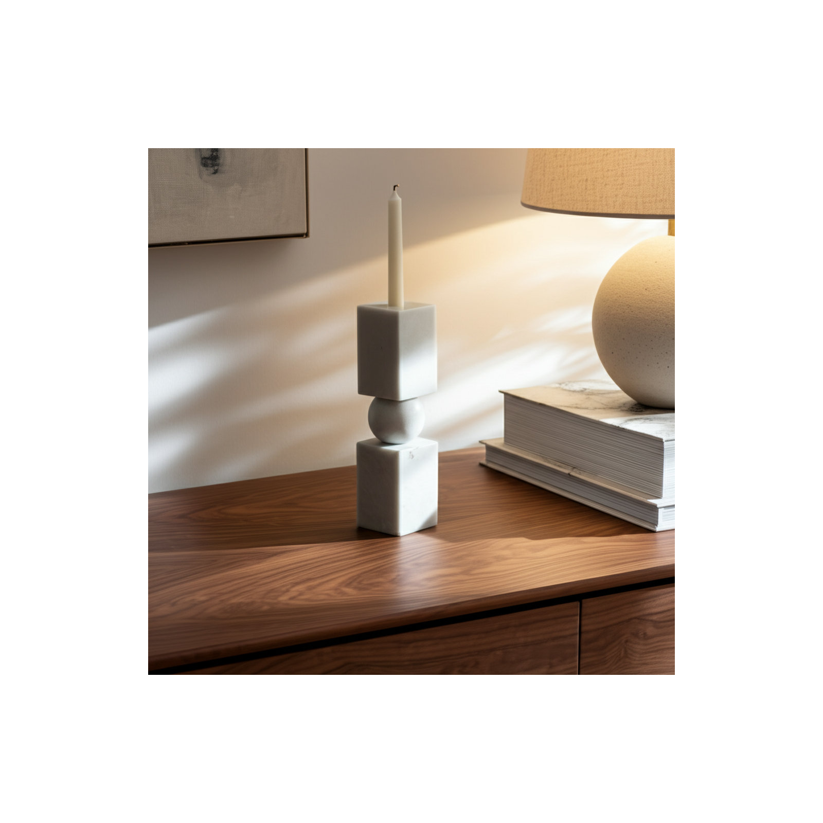 Chunky Marble Taper Holder, White, 12" H x 3" W x 3" D