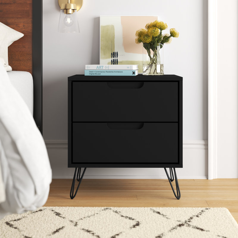 Table de chevet 2 tiroirs Mid-Century moderne noire Rockefeller, Noir / Noir