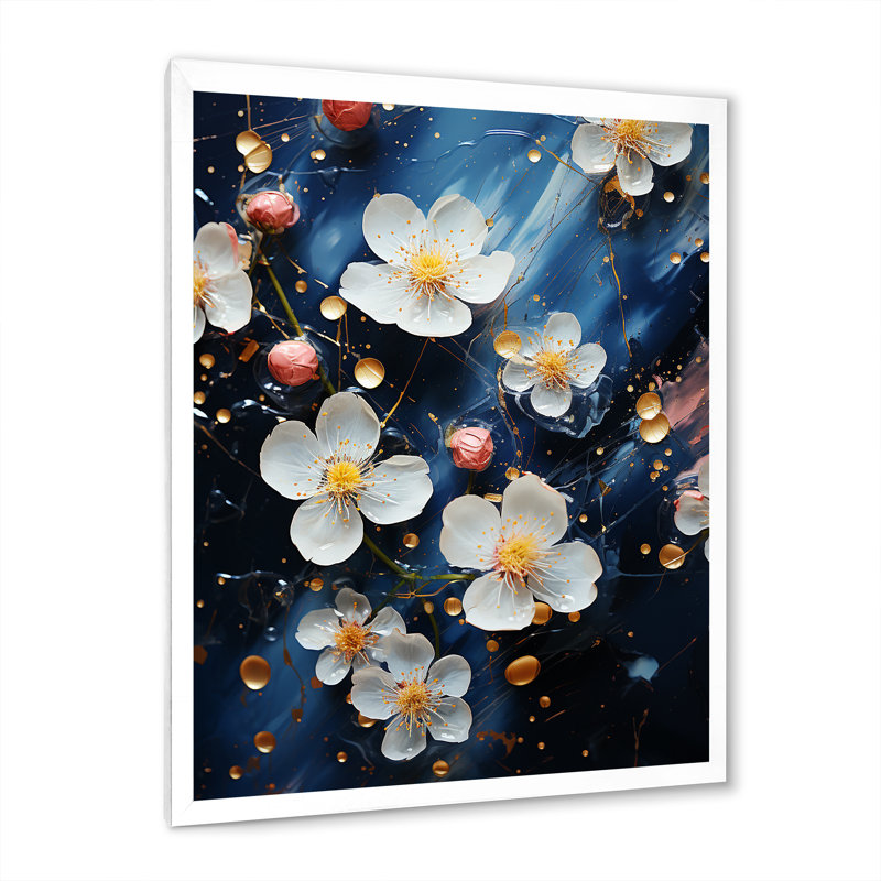 Fleurs de cerisier blanches et bleues I - Art mural cerisier en fleurs, Cadre simple blanc, H 20 po x l 12 po x P 1 po