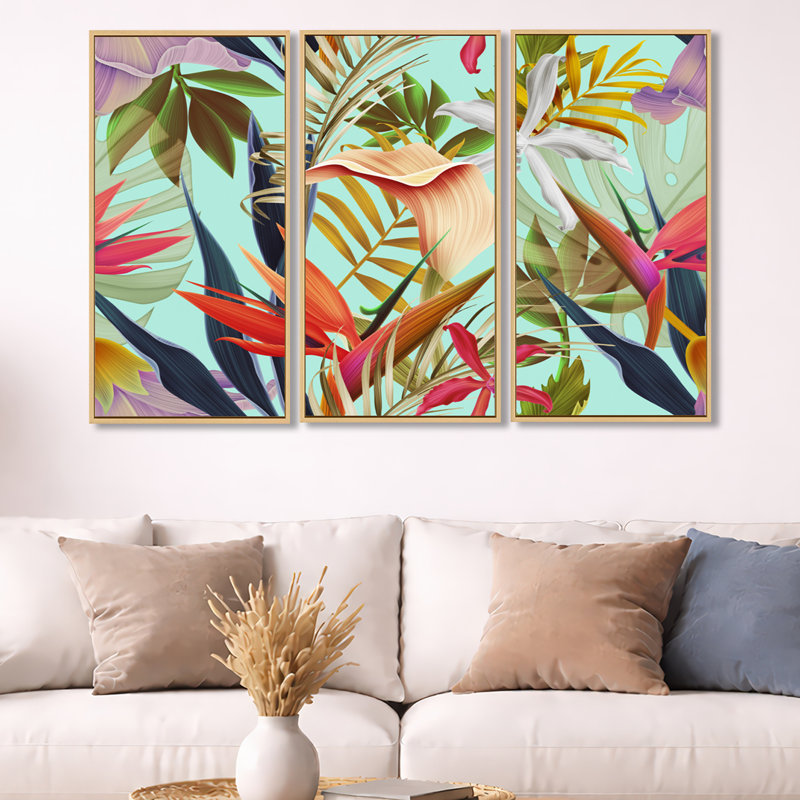 Fleurs tropicales rétro II - ensemble d'art mural sur toile tropical encadré de 3, H 28 po x l 36 po, Érable
