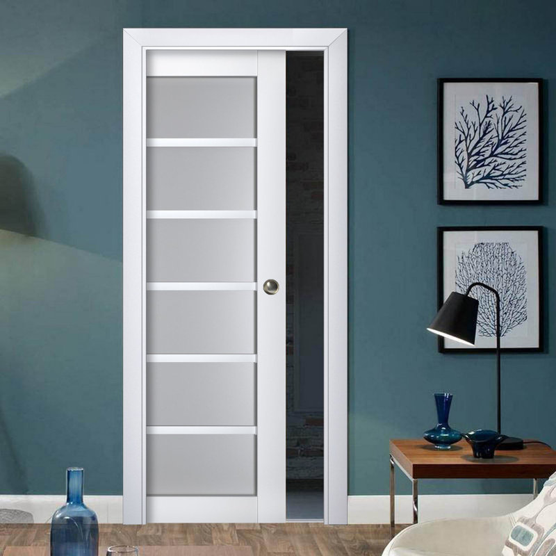 Porte coulissante à galandage avec vitrage dépoli | Veregio 7602 Blanc Soie | Ensemble de garnitures, rails et quincaillerie | Porte intérieure robuste en bois massif pour chambre à coucher - 107 cm x 203 cm
