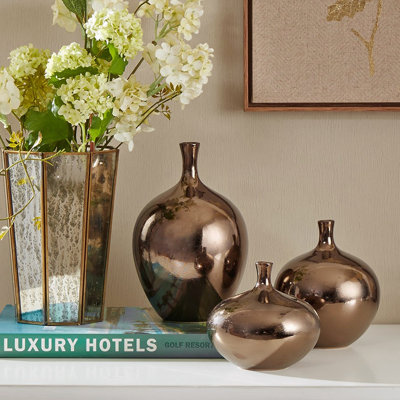 Ensemble de 3 vases décoratifs en céramique miroir 3 pièces bronze