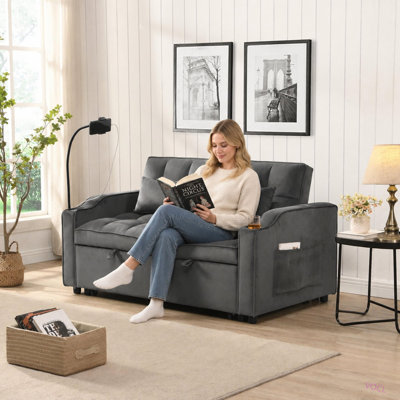 Modern Velvet Loveseat Futon Sofa Couch w/Pullout Bed, Small Love Seat Lounge Sofa with adjustable Reclining Backrest, Toss Pillows, Pockets, Furniture for Living Room, 3 in 1 Convertible Sleeper Sofa Bed