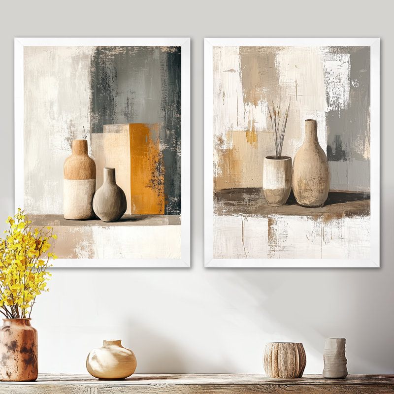 Céramique moderne I - Ensemble de 2 tableaux encadrés de style bohème, 32" H x 48" W, White Picture Framed