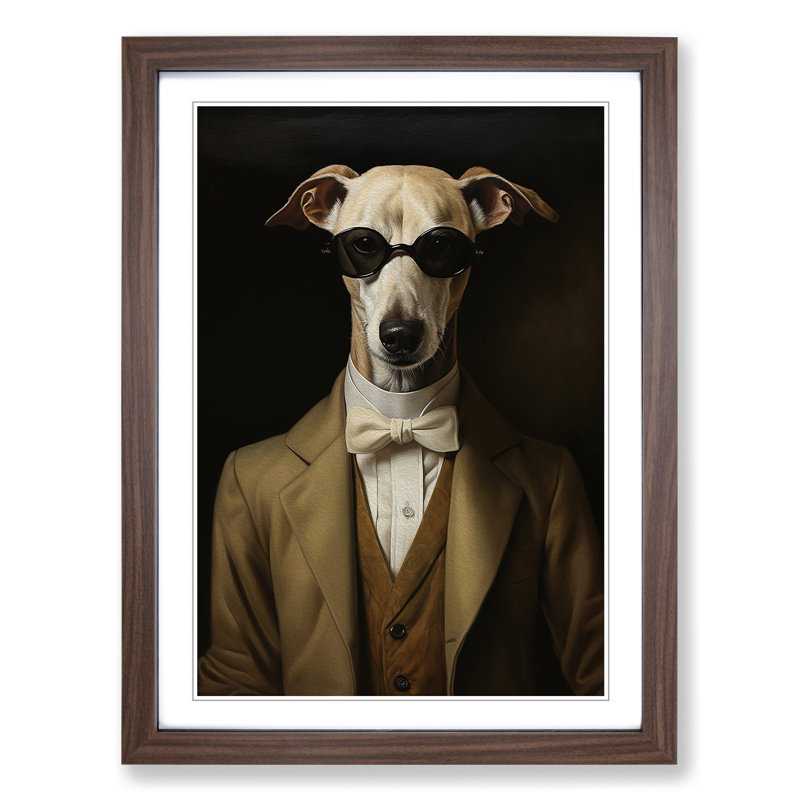 Whippet Classicism - Single Picture Frame Print on Wood, 46cm H x 34cm W x 2cm D, Walnut