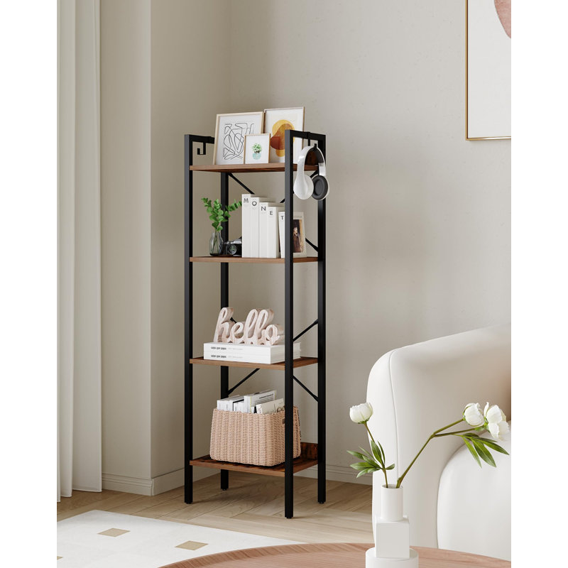 4 Shelf Rustic Style Industrial Bookcase With 2 Hooks, Brown