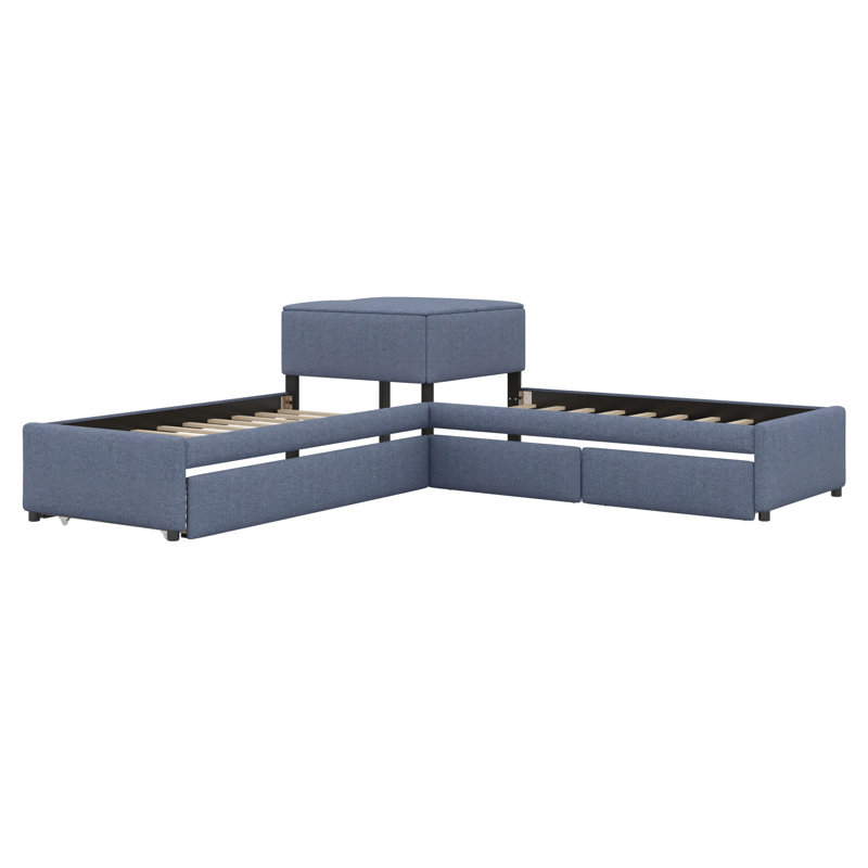 Lit plateforme tapissier en forme de L avec lit gigogne, deux tiroirs et bureau, Grey