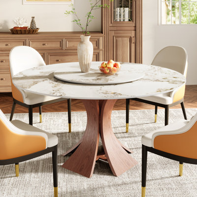 Table de salle à manger Mid-Century en pierre frittée ronde avec plateau tournant amovible pour 4-6