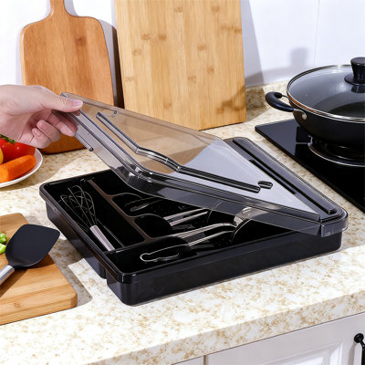 Silverware Organizer With Lid, 5-Slot, (Black)