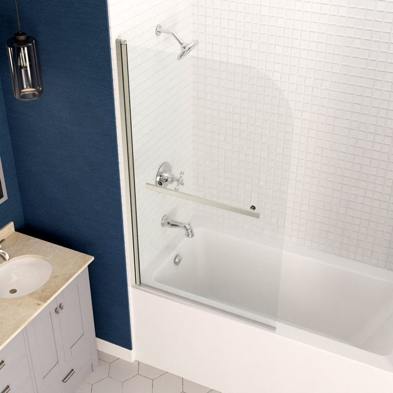 Myth 28 in. W x 56 in. H Hinged Frameless Tub Door with Tsunami Guard Technology, Brushed Nickel