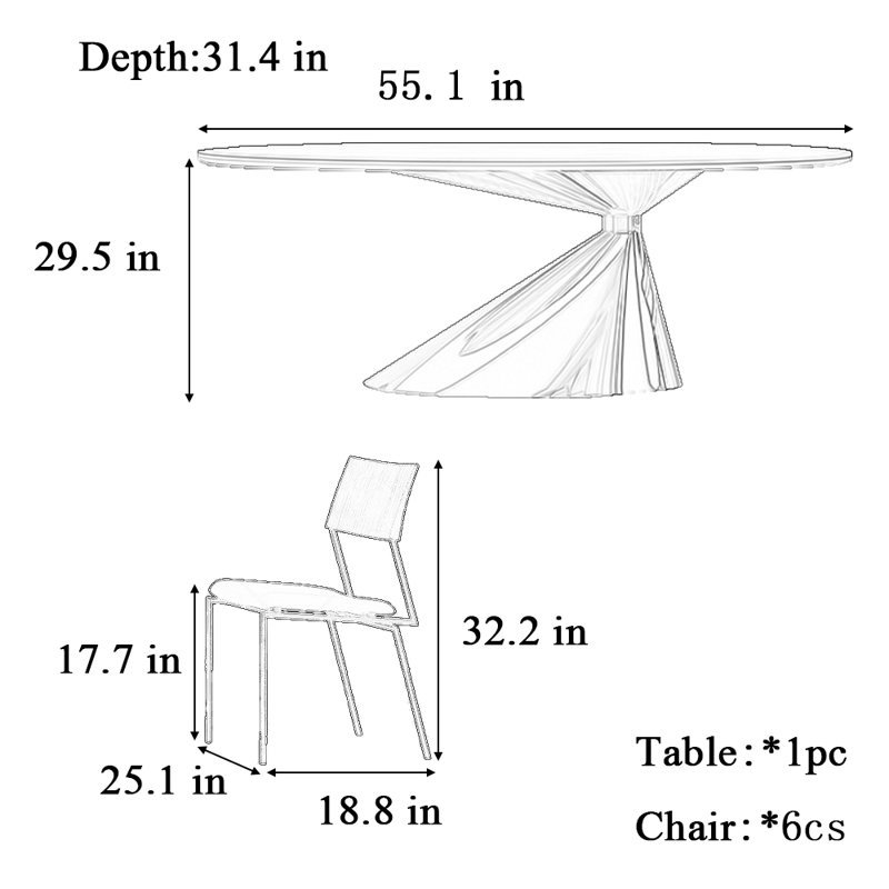 Table et chaises Art Rock, H 29,5 po x L 55,1 po x l 31,4 po, 7 Pieces: Table, 6 Chairs