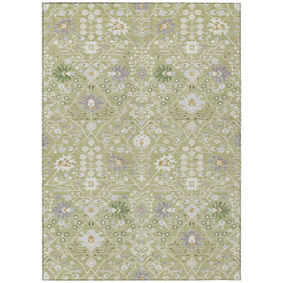 3' X 5' Artichoke Green Gray And Ivory Oriental Washable Indoor Outdoor Area Rug
