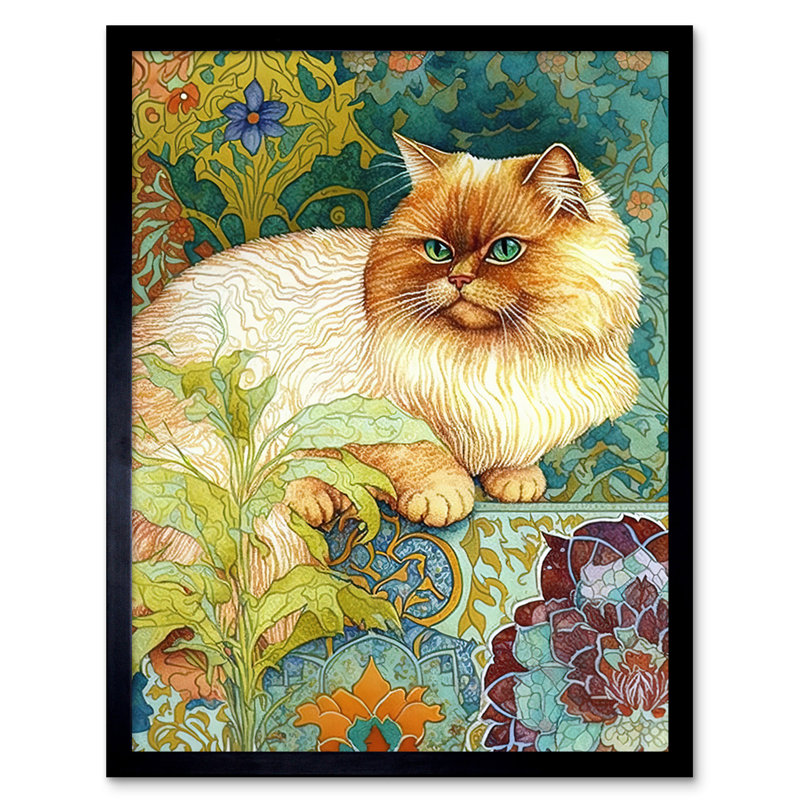 Orange Persian Cat William Morris Inspired Floral Pattern Colourful Modern - Single Picture Frame Print