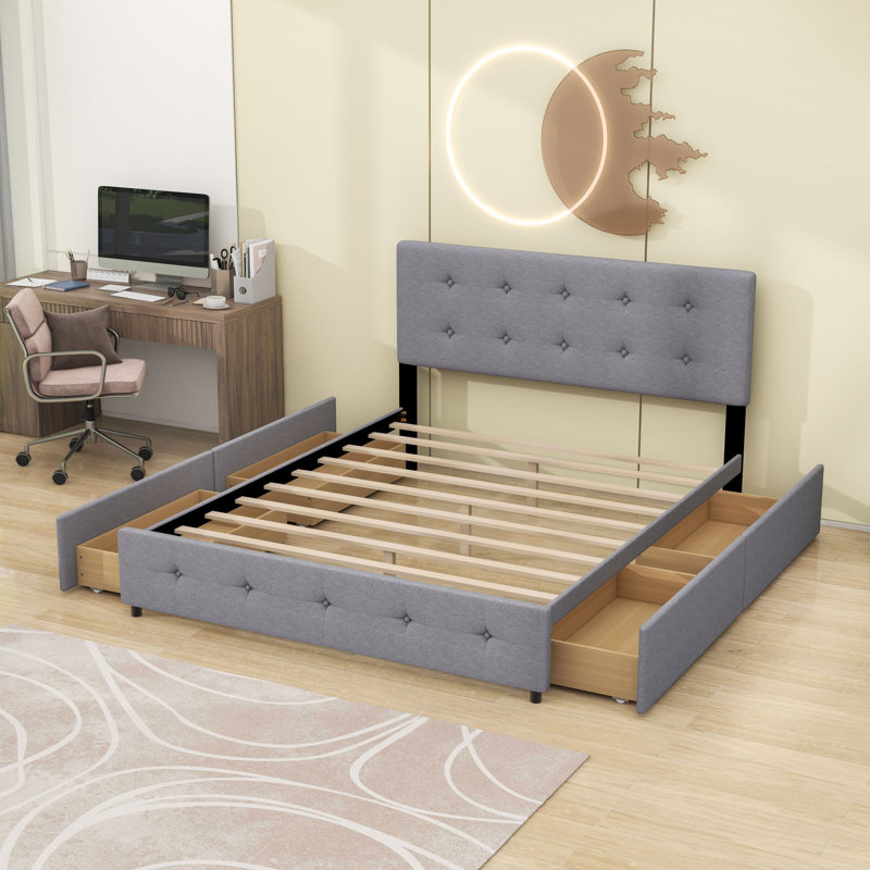 Grand lit plateforme tapissier 4 tiroirs avec tête de lit capitonnée, Gris clair
