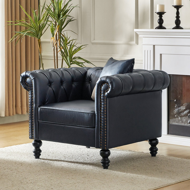 Fauteuil Chesterfield en similicuir avec pieds en bois massif Tecla, Similicuir bleu marine
