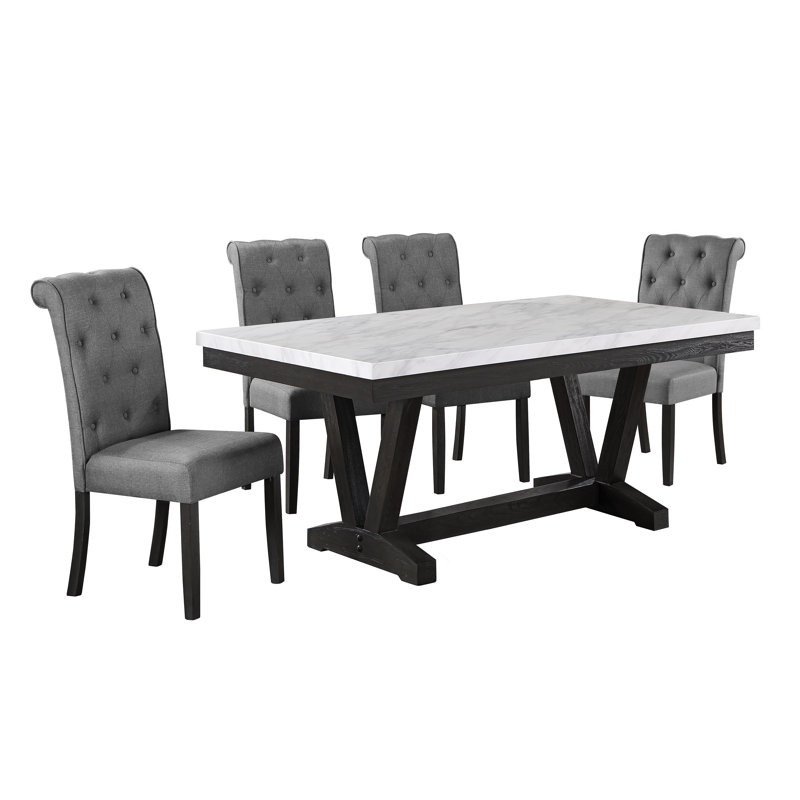 Apicella White Faux Marble Dining Set, Gray, 5 Piece