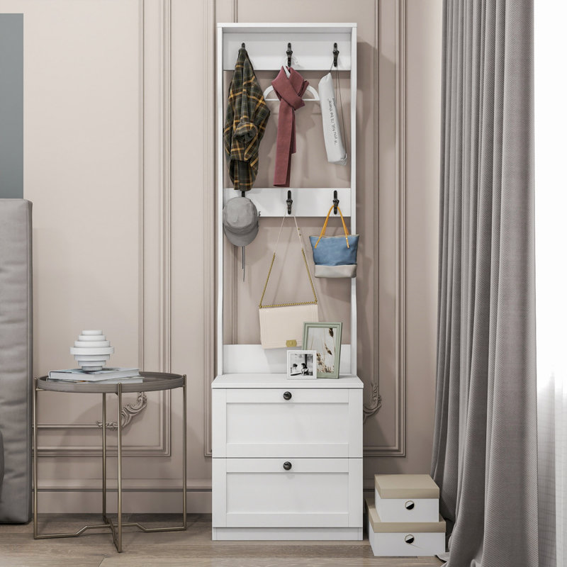 Portemanteaux et table de chevet en bois 2 en 1 avec tiroir et crochets, organisateur de chambre à coucher et de vestibule autoportant