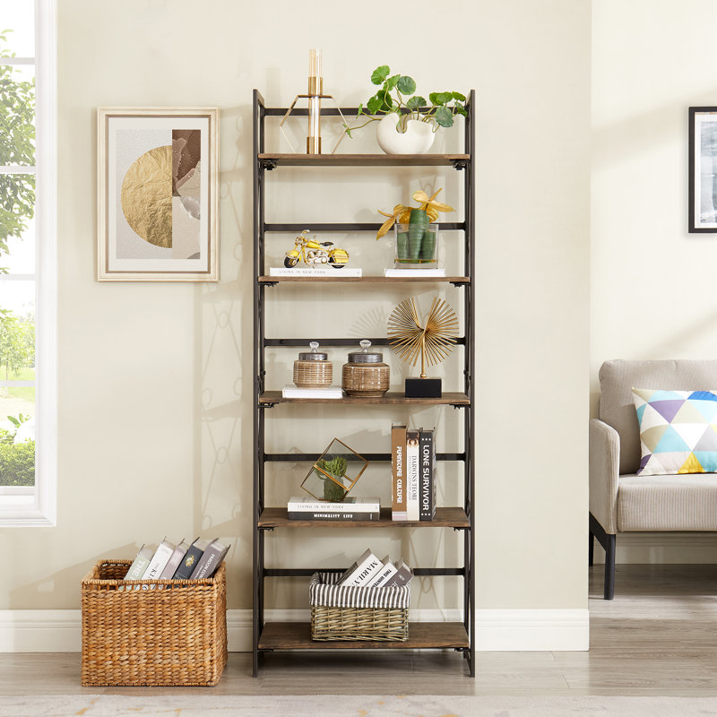 Etagere Set of 2 Bookcase, No Assembly Folding Bookshelf Set of 2, Collapsible Bookcase with Removable Shelves, 5-Tier Foldable Standing Racks for Bedroom, Living Room, Home Office