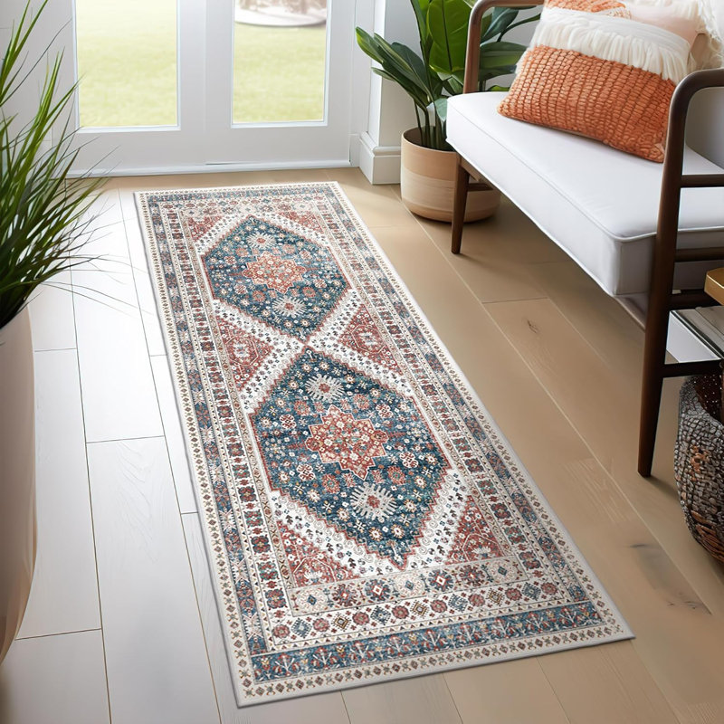 Medallion Non Slip Washable Rug(Red), Runner 2' x 6'